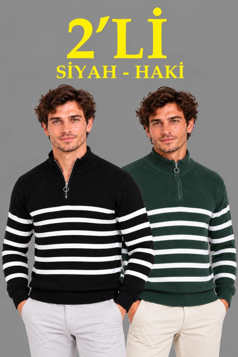 Erkek 2'Li Dik Yaka Yarım Fermuarlı Çizgili Selanik Örgü Triko Kazak - Siyah & Haki