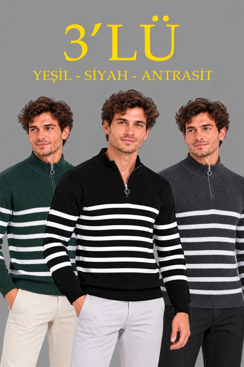 Erkek 3'Lü Dik Yaka Yarım Fermuarlı Çizgili Selanik Örgü Triko Kazak - Yeşil & Siyah & Antrasit