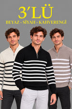 Erkek 3'Lü Dik Yaka Yarım Fermuarlı Çizgili Selanik Örgü Triko Kazak - Beyaz & Siyah & Kahverengi