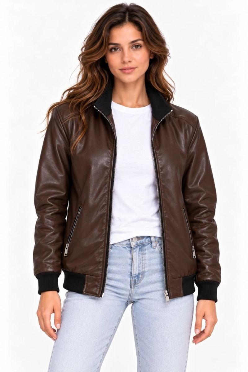 Kadın Suni Deri İçi Saten Astarlı Dik Yaka 3 Cepli Fermuarlı Regular Fit Mont Ceket - Kahverengi