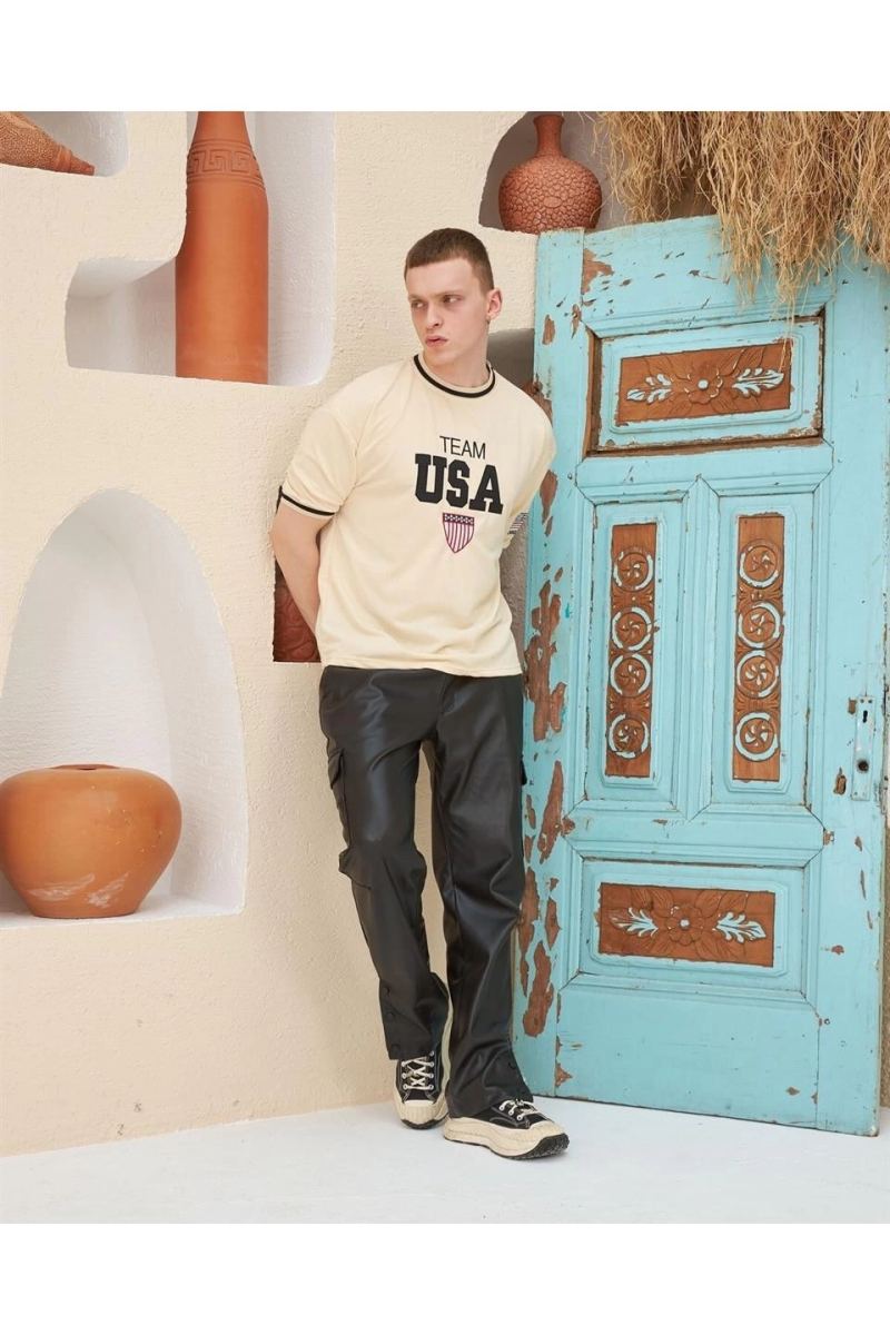 Erkek Bisiklet Yaka Tişört Nakış İşlemeli Kısa Kol Oversize T-Shirt - Bej
