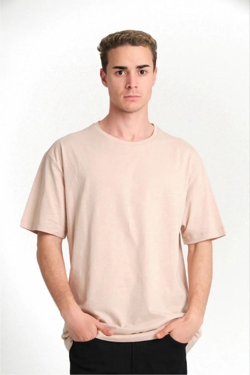 Erkek Düz Penye Tişört Bisiklet Yaka Kısa Kol Regular Fit T-Shirt - Bej