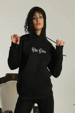 Kadın Oversize Kapüşonlu Cepli Baskılı 3 İplik Pamuklu Hoodie Sweatshirt - Siyah