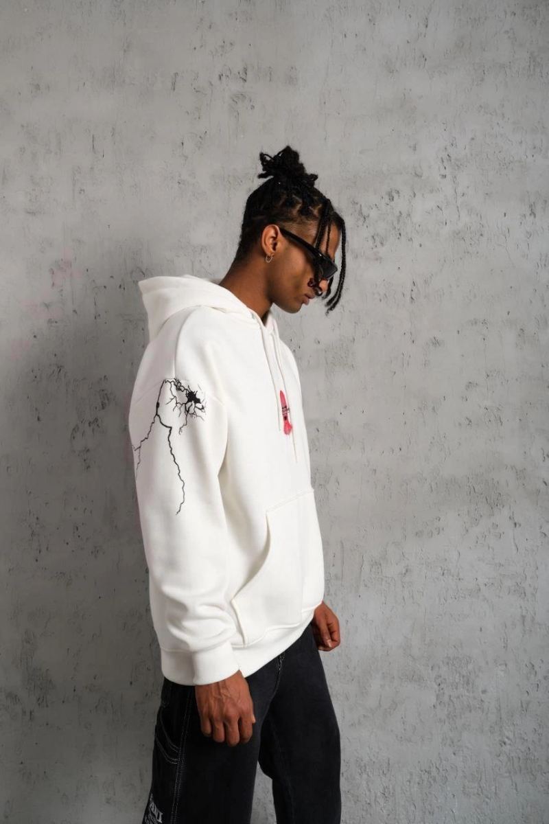 Erkek 3 İplik Pamuklu Kapüşonlu Baskılı Cepli Oversize Sweatshirt Hoodie - Beyaz