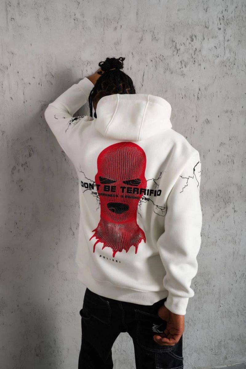 Erkek 3 İplik Pamuklu Kapüşonlu Baskılı Cepli Oversize Sweatshirt Hoodie - Beyaz