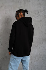 Erkek 3 İplik Pamuklu Kapüşonlu Baskılı Cepli Oversize Sweatshirt Hoodie - Siyah