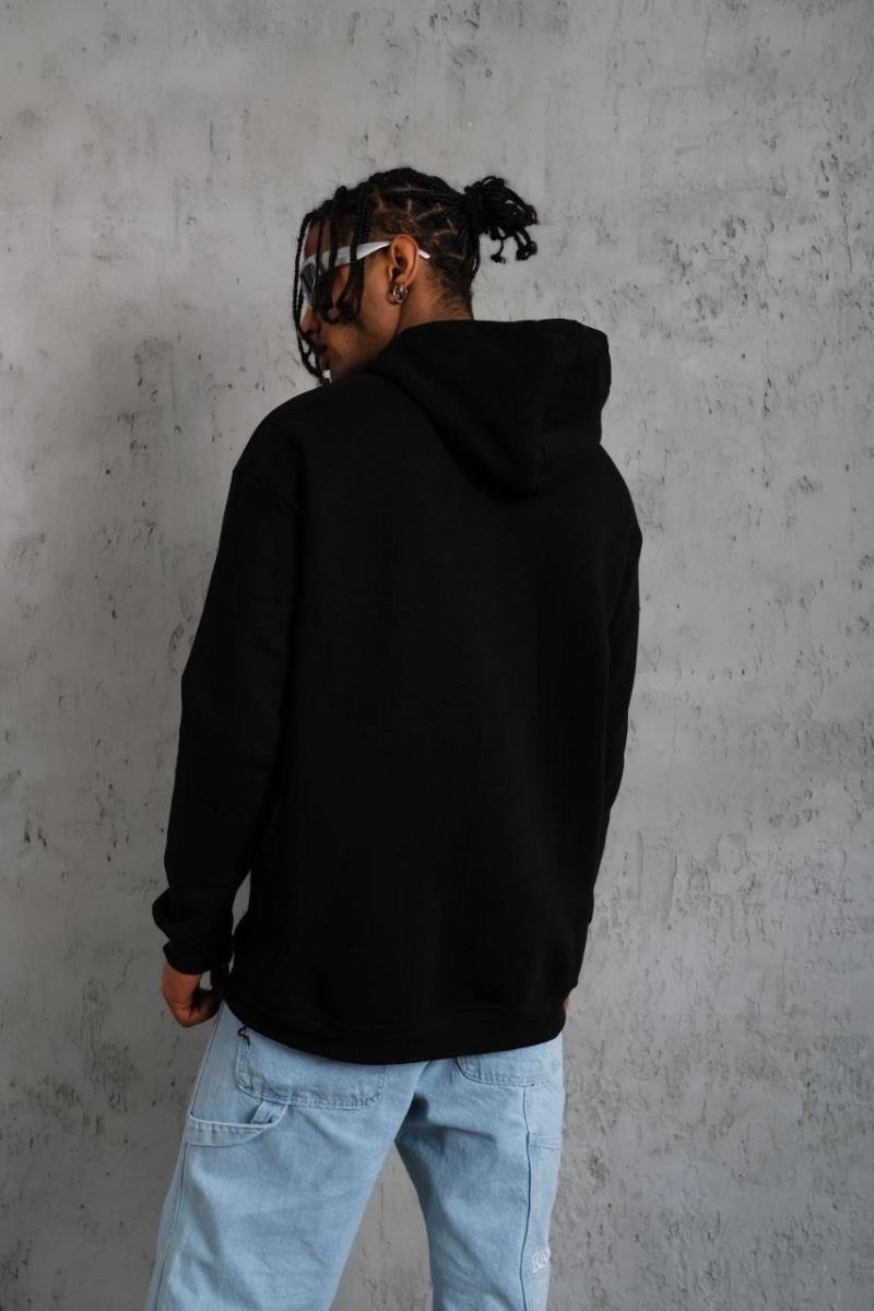 Erkek 3 İplik Pamuklu Kapüşonlu Baskılı Cepli Oversize Sweatshirt Hoodie - Siyah