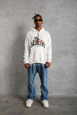 Erkek 3 İplik Pamuklu Kapüşonlu Baskılı Cepli Oversize Sweatshirt Hoodie - Beyaz