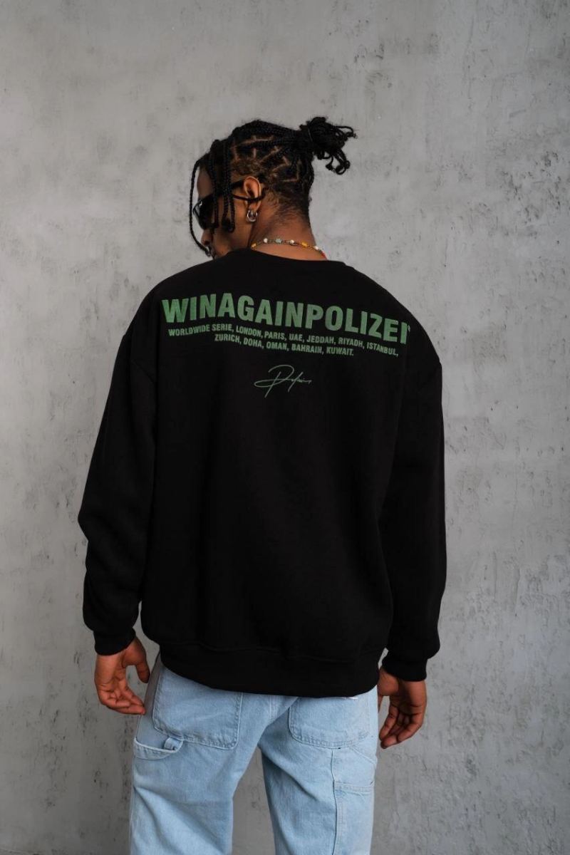Erkek Bisiklet Yaka Baskılı 3 iplik pamuklu Sweatshirt - Siyah