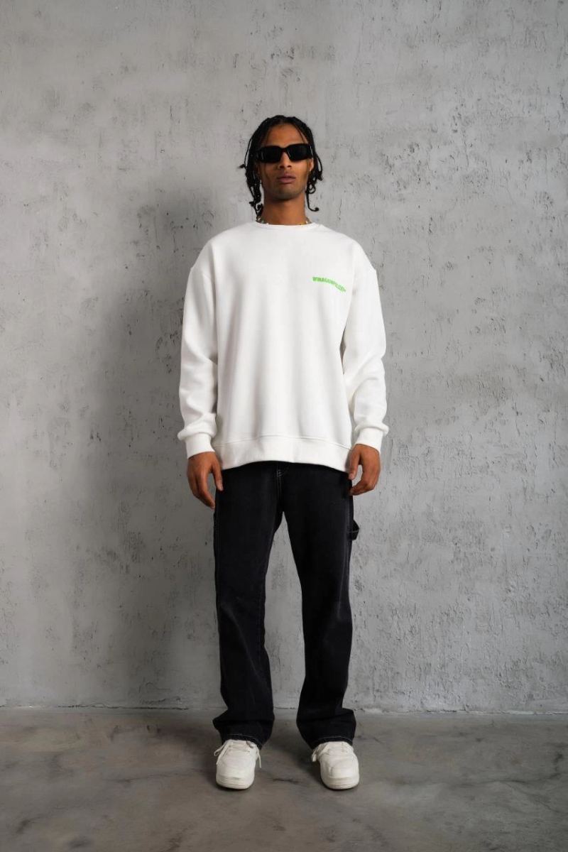 Erkek 3 iplik Bisiklet yaka Baskılı Sweatshirt - Beyaz