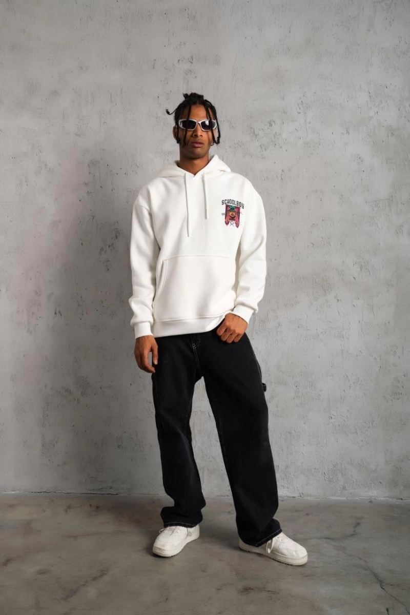 Erkek 3 İplik Pamuklu Kapüşonlu Baskılı Cepli Oversize Sweatshirt Hoodie - Beyaz