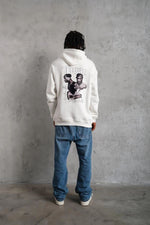 Erkek 3 İplik Pamuklu Kapüşonlu Baskılı Cepli Oversize Sweatshirt Hoodie - Beyaz