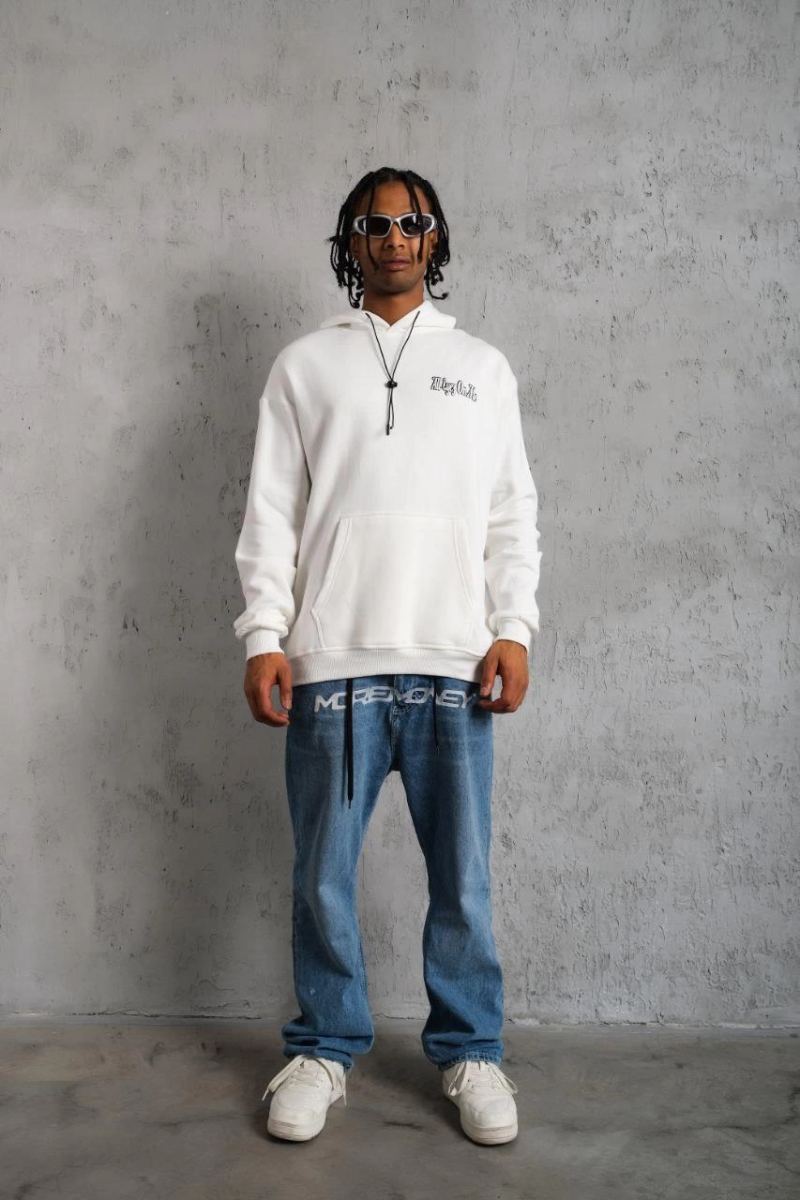 Erkek 3 İplik Pamuklu Kapüşonlu Baskılı Cepli Oversize Sweatshirt Hoodie - Beyaz