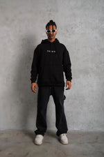 Erkek 3 İplik Pamuklu Kapüşonlu Baskılı Cepli Oversize Sweatshirt Hoodie - Siyah
