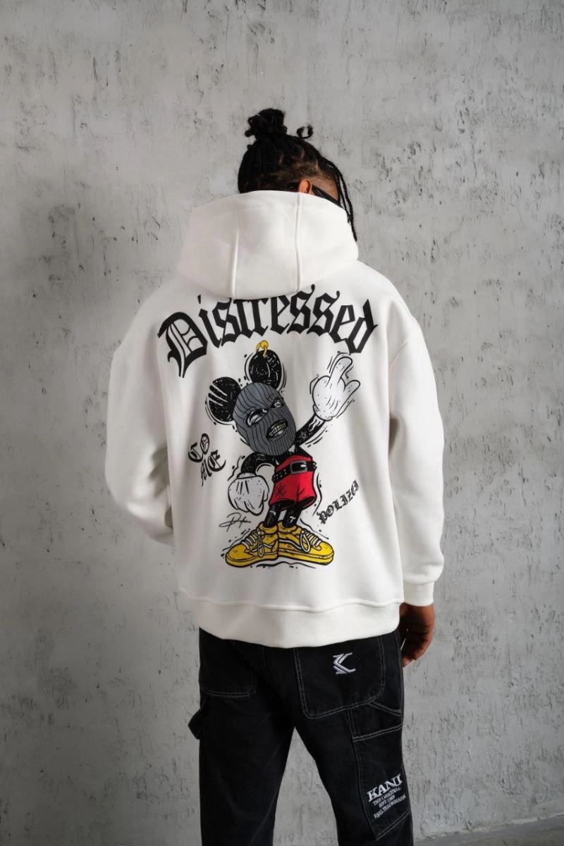 Erkek 3 İplik Pamuklu Kapüşonlu Baskılı Cepli Oversize Sweatshirt Hoodie - Beyaz