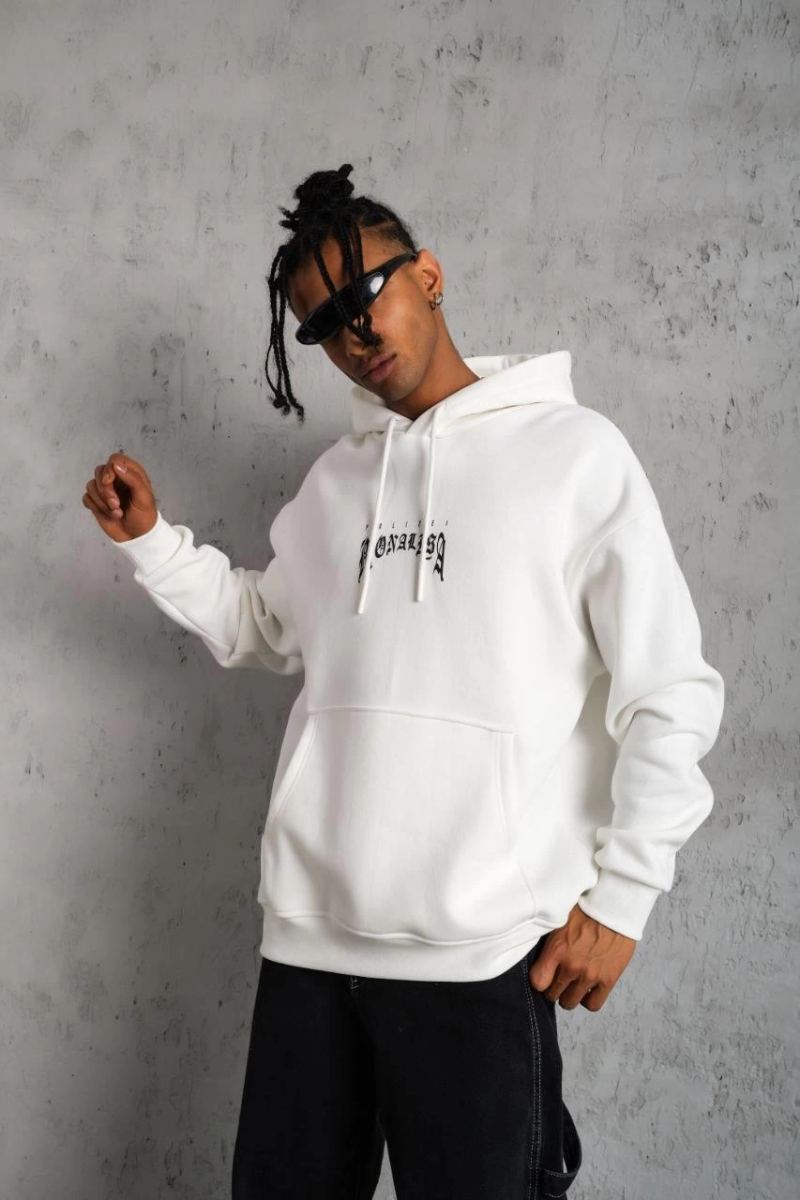 Erkek Baskılı Kapüşonlu ve Kanguru Cepli Sweatshirt hoodie - Beyaz