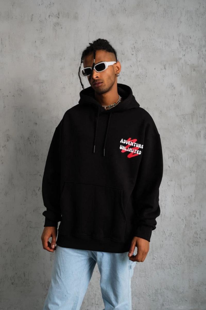 Erkek 3 İplik Pamuklu Kapüşonlu Baskılı Cepli Oversize Sweatshirt Hoodie - Siyah