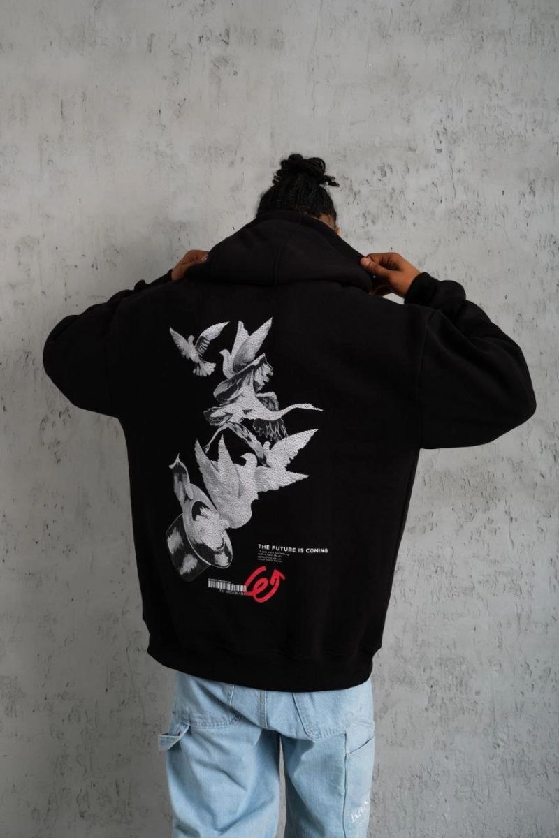Erkek 3 İplik Pamuklu Kapüşonlu Baskılı Cepli Oversize Sweatshirt Hoodie - Siyah