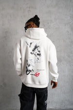 Erkek 3 İplik Pamuklu Kapüşonlu Baskılı Cepli Oversize Sweatshirt Hoodie - Beyaz