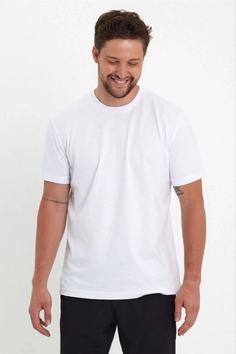 Erkek Düz Penye Tişört Bisiklet Yaka Kısa Kol Regular Fit T-Shirt - Beyaz