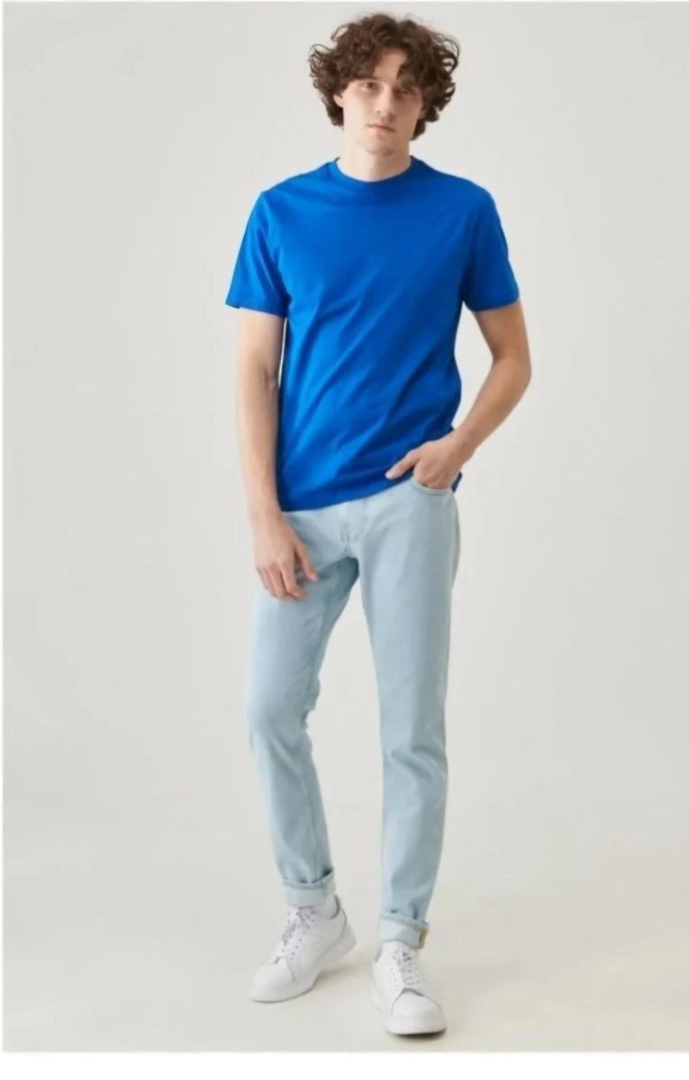 Erkek Düz Penye Tişört Bisiklet Yaka Kısa Kol Regular Fit T-Shirt - Mavi