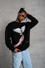 Erkek Güvercin Baskılı 3 iplik Bisiklet Yaka ipamuklu Sweatshirt - Siyah