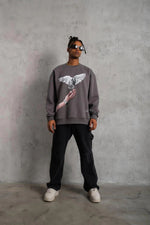 Erkek Güvercin Baskılı 3 iplik pamuklu Bisiklet Yaka Sweatshirt - Gri