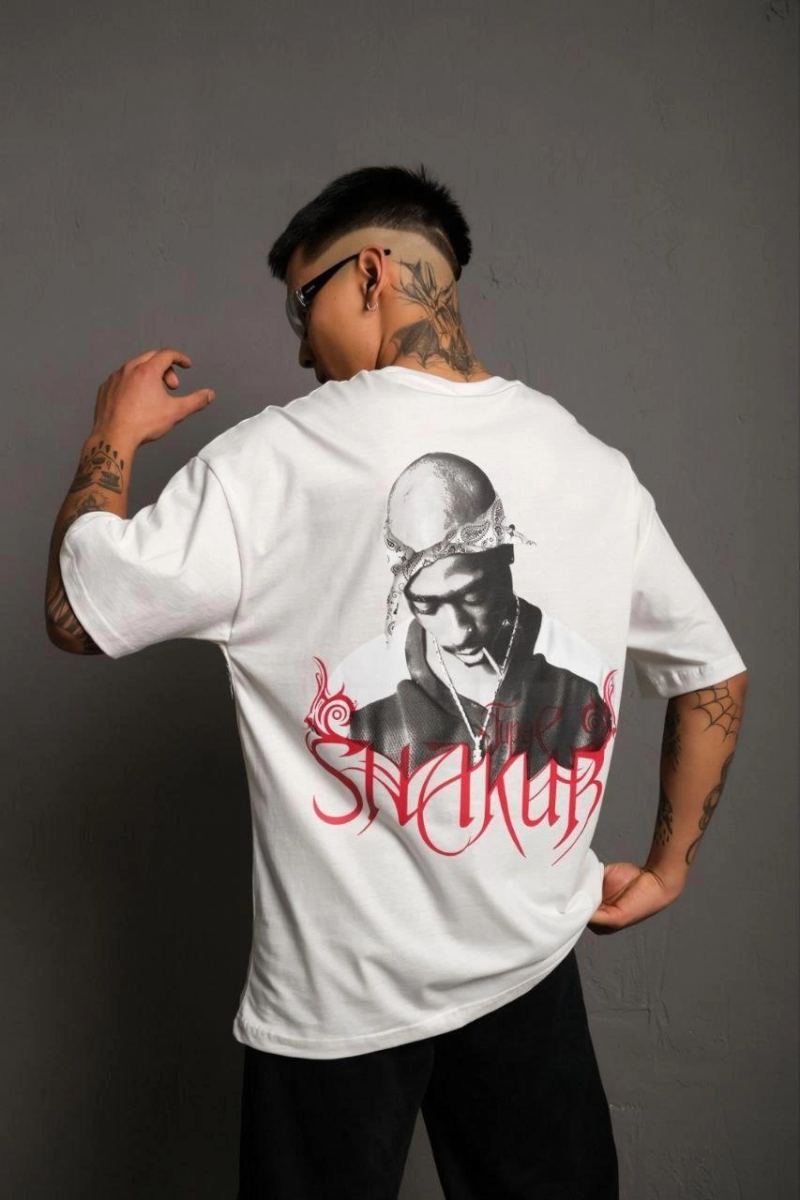 Erkek Baskılı T-Shirt Oversize Kısa kol Bisiklet yaka tişort - Beyaz