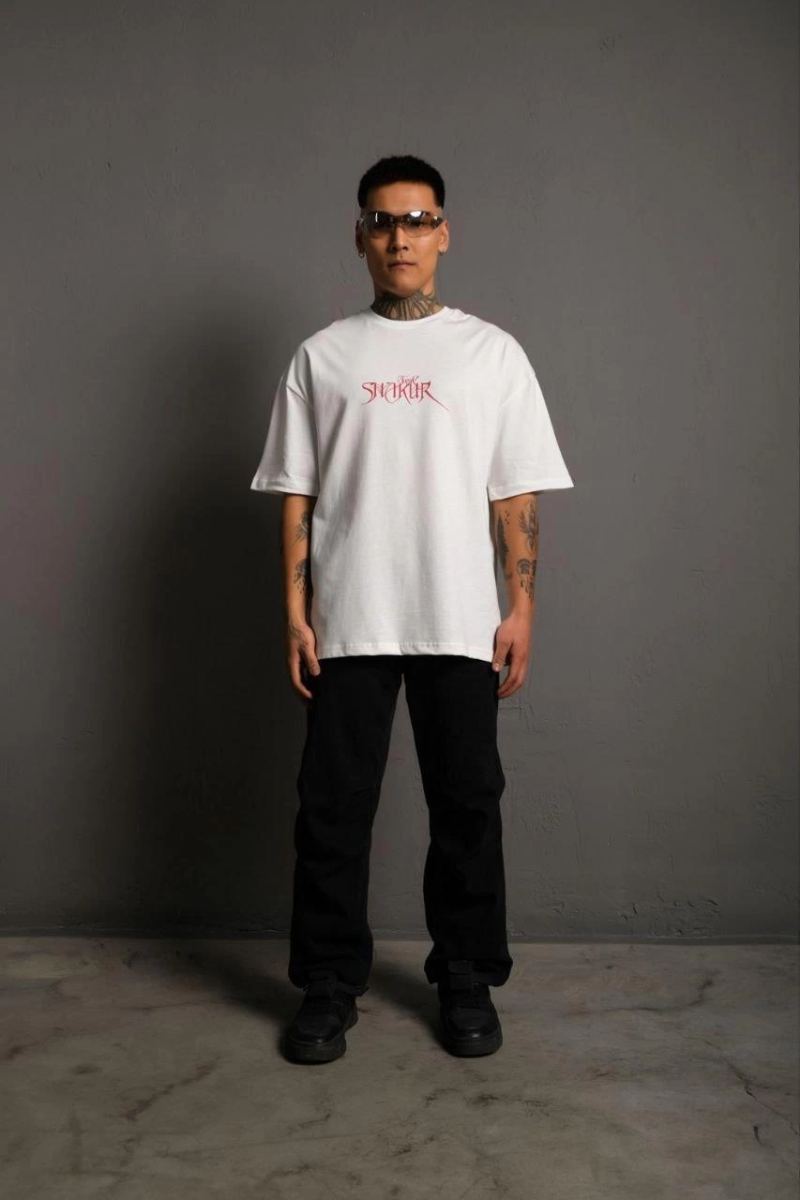 Erkek Baskılı T-Shirt Oversize Kısa kol Bisiklet yaka tişort - Beyaz
