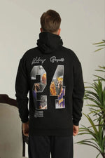 Erkek 3 İplik Pamuklu Kapüşonlu Baskılı Cepli Oversize Sweatshirt Hoodie - Siyah