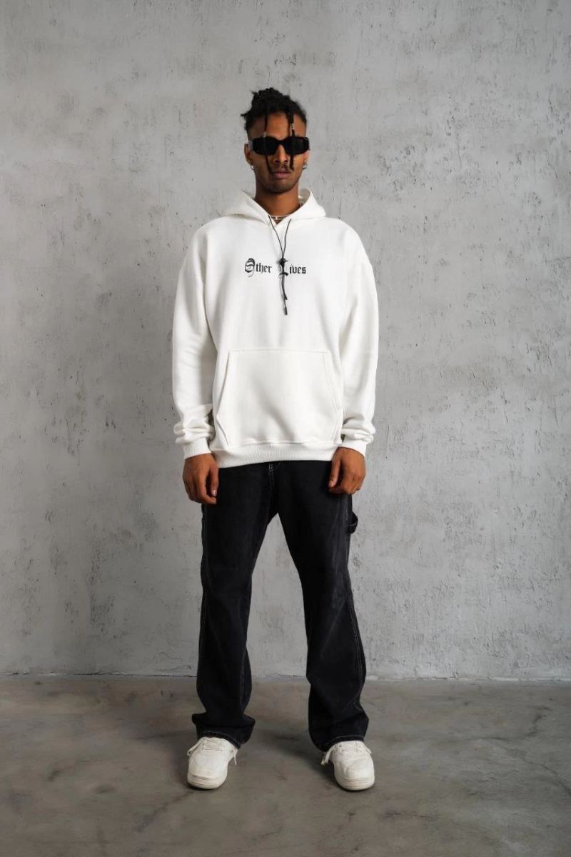 Erkek 3 İplik Pamuklu Kapüşonlu Baskılı Cepli Oversize Sweatshirt Hoodie - Beyaz