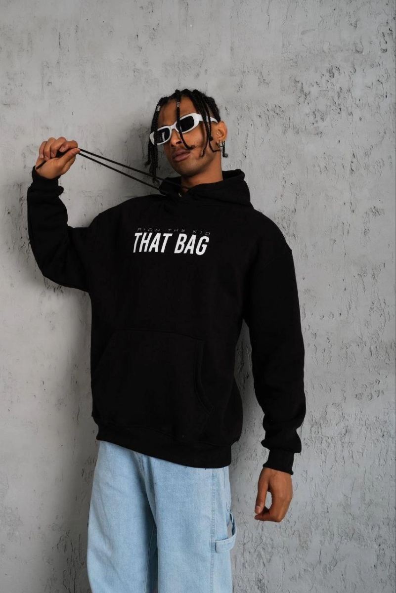 Erkek 3 İplik Pamuklu Kapüşonlu Baskılı Cepli Oversize Sweatshirt Hoodie - Siyah