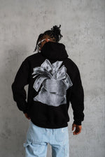 Erkek 3 İplik Pamuklu Kapüşonlu Baskılı Cepli Oversize Sweatshirt Hoodie - Siyah