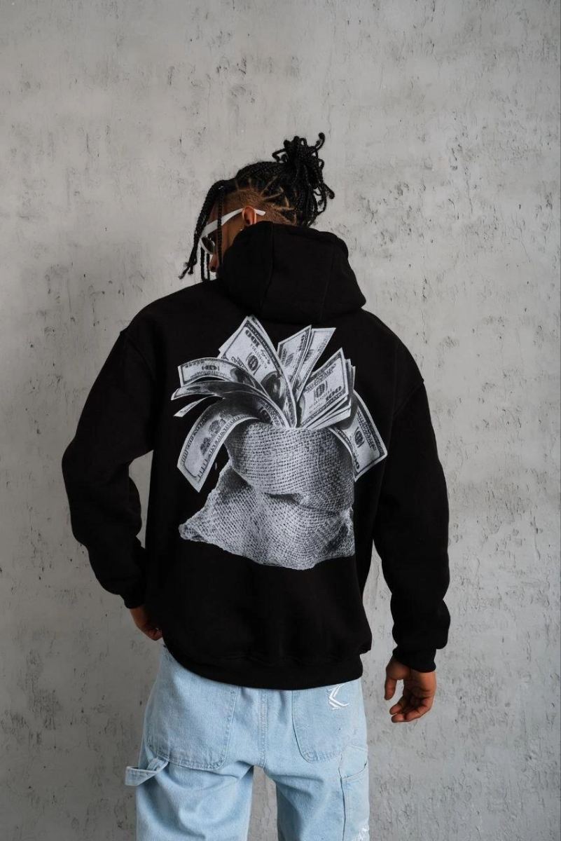 Erkek 3 İplik Pamuklu Kapüşonlu Baskılı Cepli Oversize Sweatshirt Hoodie - Siyah