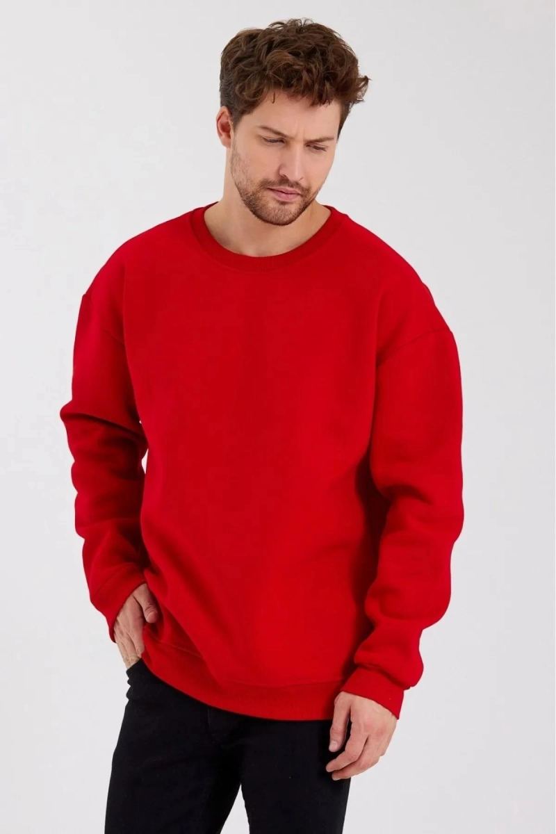Erkek Bisiklet Yaka  üç iplik Sweatshirt- Kırmızı