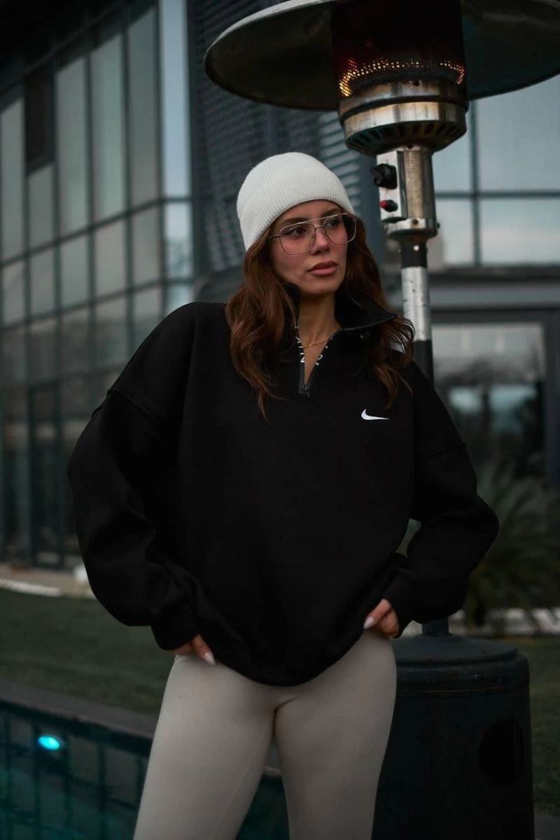 Kadın Yarım Fermuarlı Üç iplik Şardonlu Pamuklu Sweatshirt - Siyah
