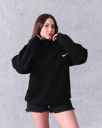Kadın Yarım Fermuarlı Üç iplik Şardonlu Pamuklu Sweatshirt - Siyah