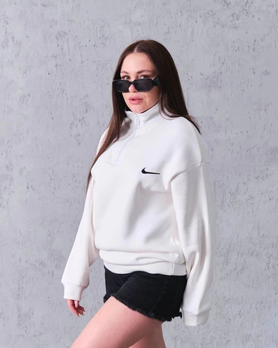 Kadın Yarım Fermuarlı Üç iplik Şardonlu Pamuklu Sweatshirt - Beyaz