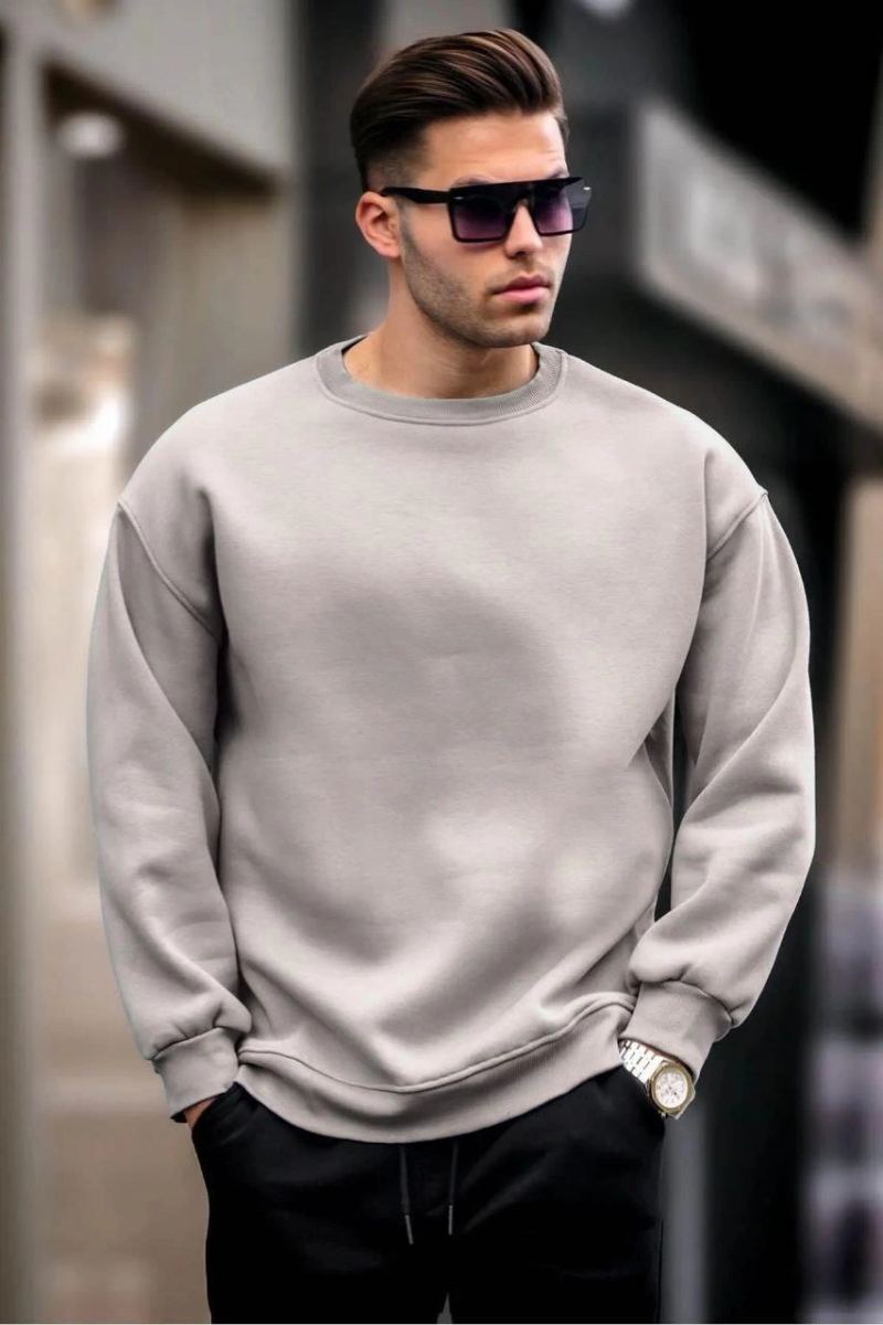 Erkek Düz Bisiklet Yaka 3 iplik Sweatshirt - Boyalı Gri