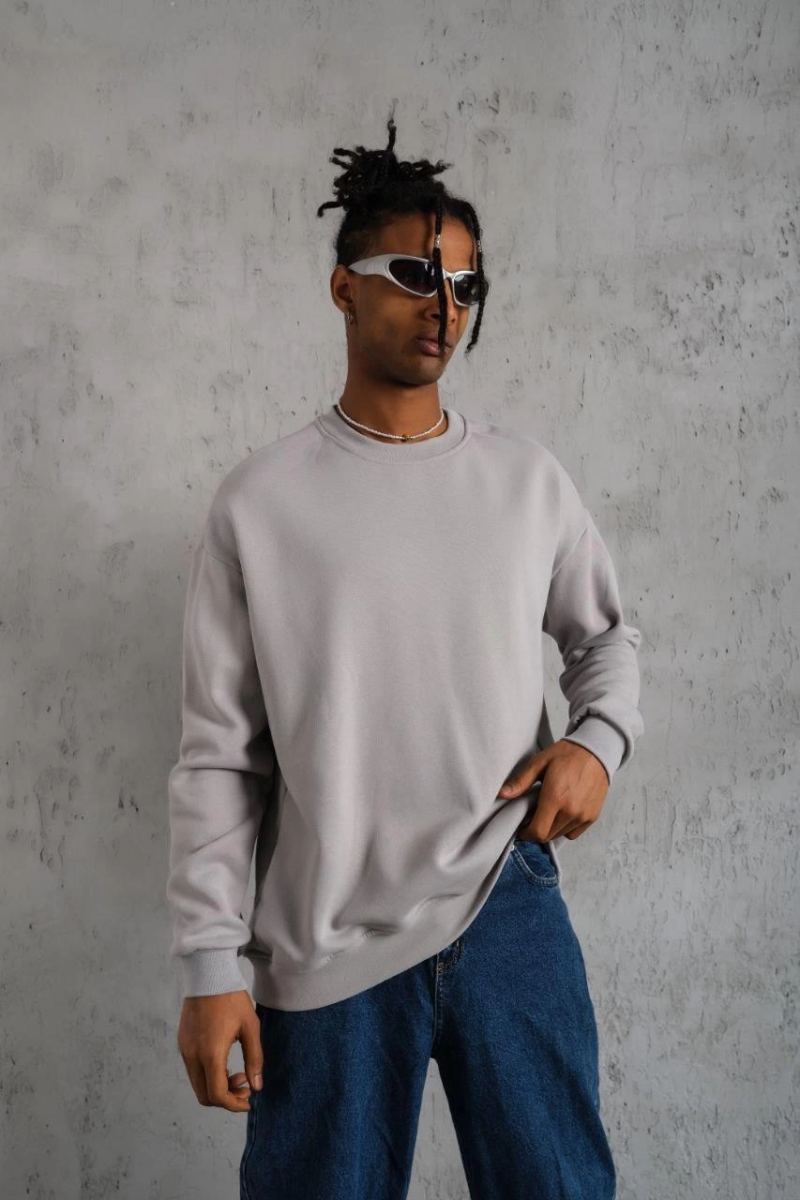 Erkek Düz Bisiklet Yaka 3 iplik Sweatshirt - Boyalı Gri