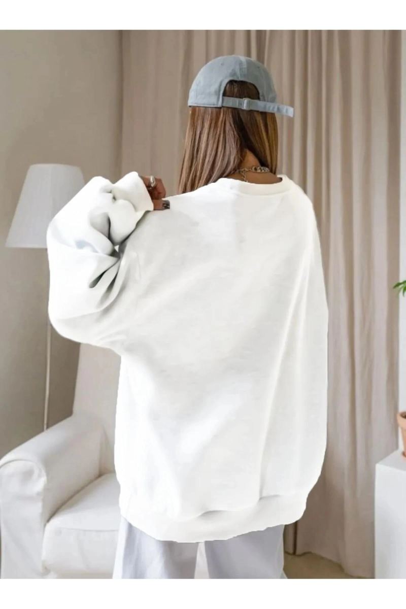 Kadın Düz Bisiklet Yaka 3 İplik  Sweatshirt - Beyaz