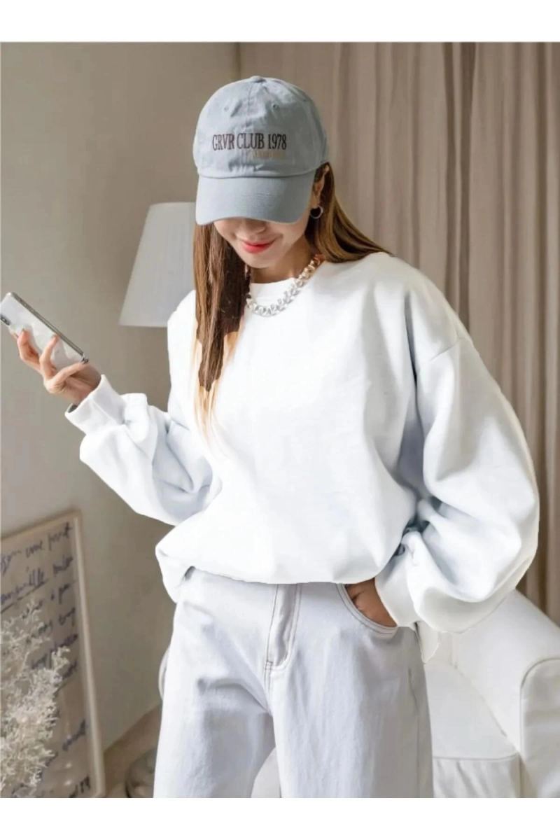 Kadın Düz Bisiklet Yaka 3 İplik  Sweatshirt - Beyaz