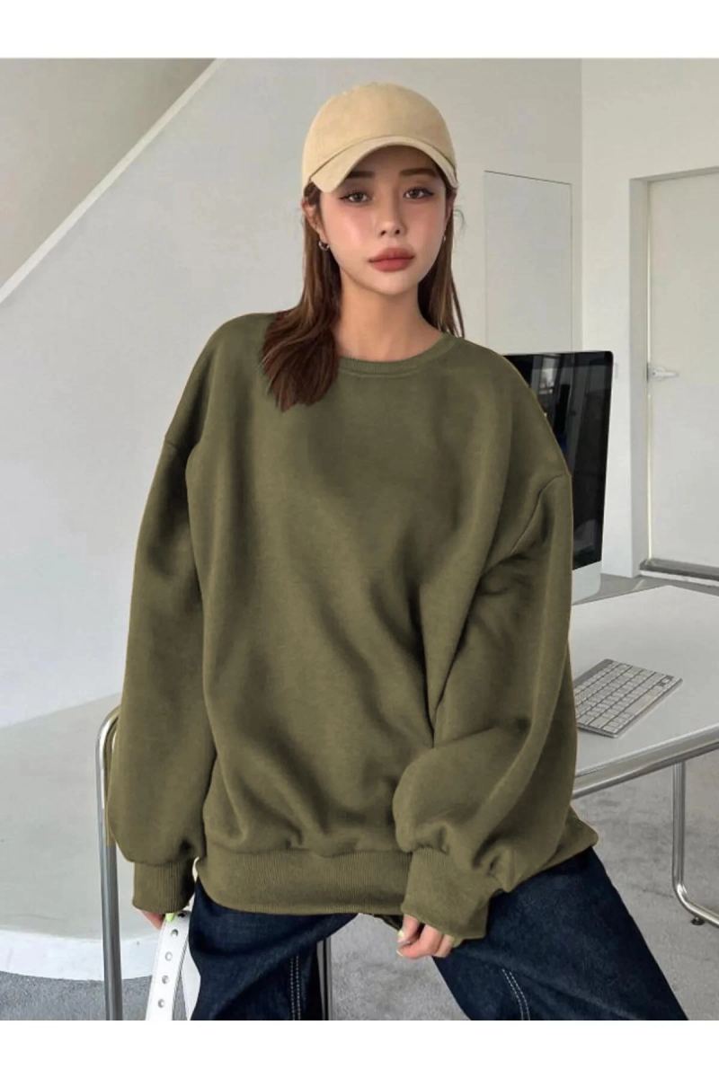 Kadın Düz Bisiklet Yaka 3 iplik  Sweatshirt - Yeşil