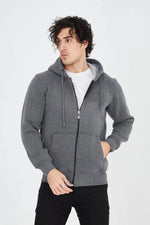 Erkek 3 İplik Pamuklu Fermuarlı Kapüşonlu Kanguru Cepli Hoodie Hırka Sweatshirt - Füme
