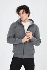 Erkek 3 İplik Pamuklu Fermuarlı Kapüşonlu Kanguru Cepli Hoodie Hırka Sweatshirt - Füme