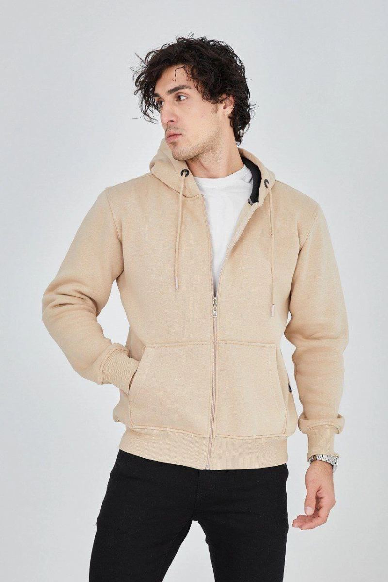 Erkek 3 İplik Pamuklu Fermuarlı Kapüşonlu Kanguru Cepli Hoodie Hırka Sweatshirt -Bej