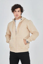 Erkek 3 İplik Pamuklu Fermuarlı Kapüşonlu Kanguru Cepli Hoodie Hırka Sweatshirt -Bej