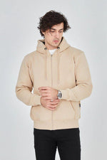Erkek 3 İplik Pamuklu Fermuarlı Kapüşonlu Kanguru Cepli Hoodie Hırka Sweatshirt -Bej