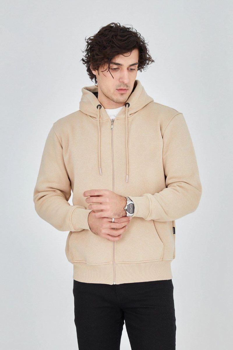 Erkek 3 İplik Pamuklu Fermuarlı Kapüşonlu Kanguru Cepli Hoodie Hırka Sweatshirt -Bej