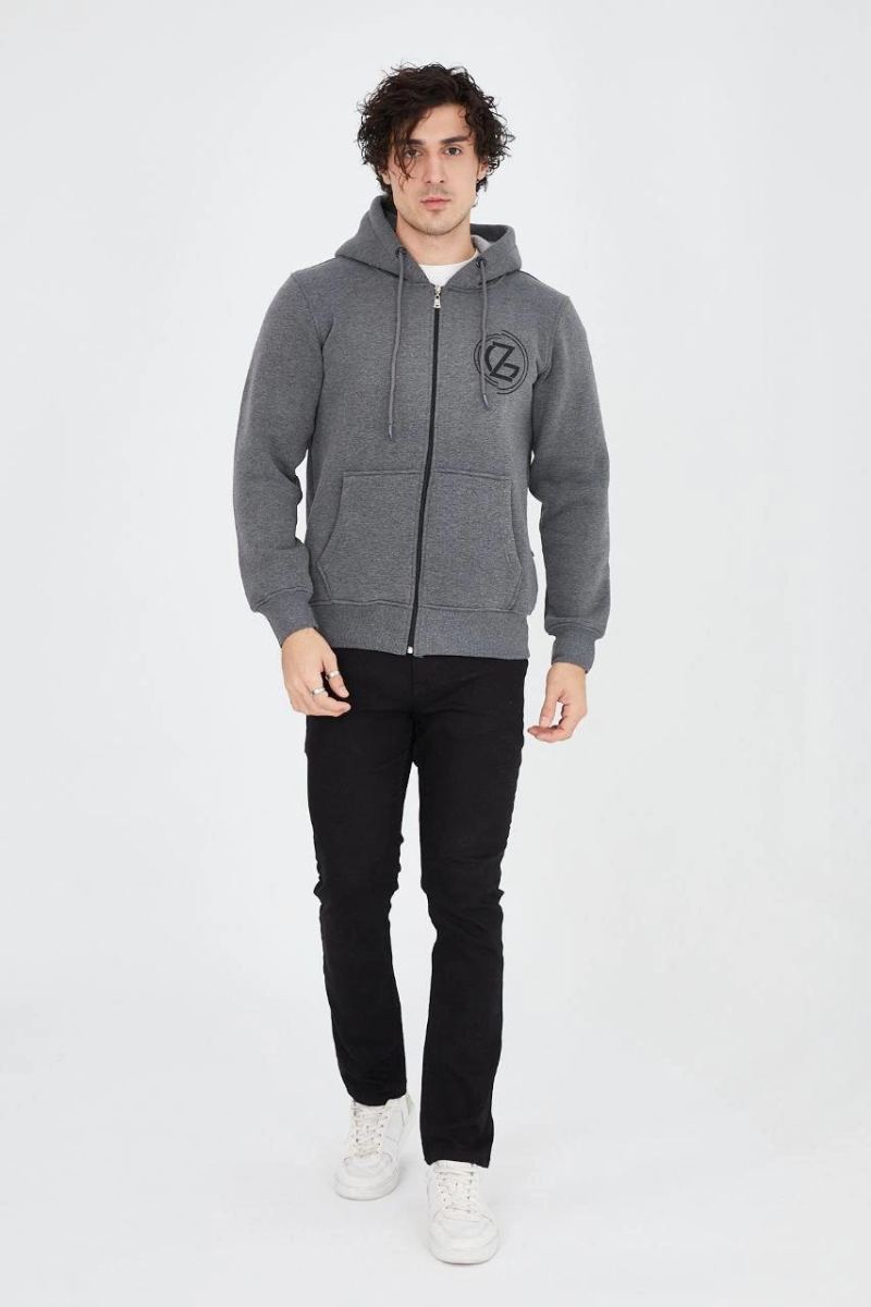 Erkek 3 İplik Pamuklu Fermuarlı Kapüşonlu Kanguru Cepli Baskılı Hoodie Hırka Sweatshirt - Füme